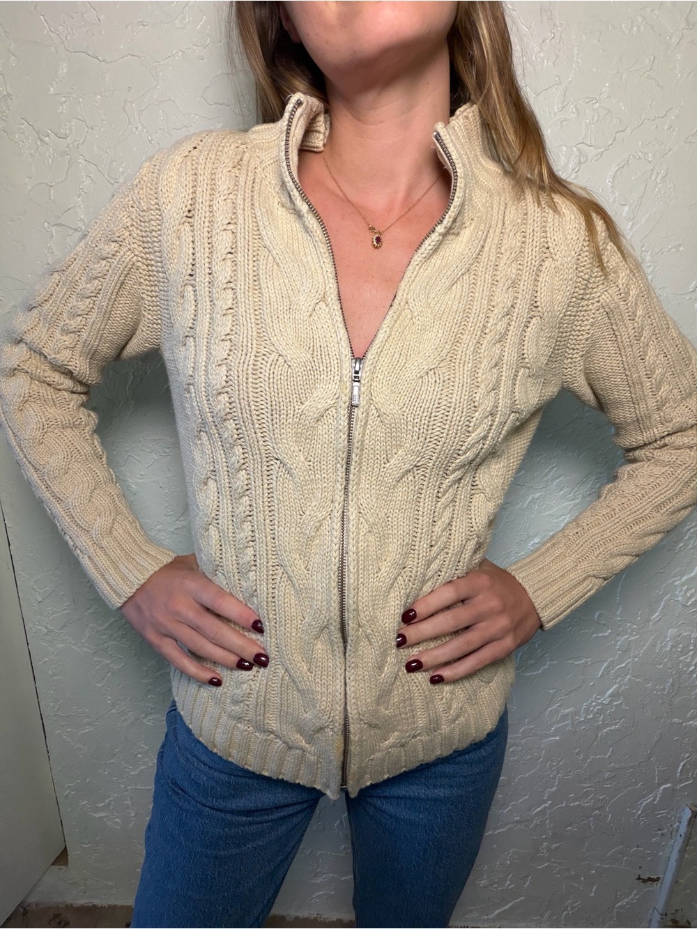 L.L. Bean Women's Cream Cable-Knit Zip Cardigan